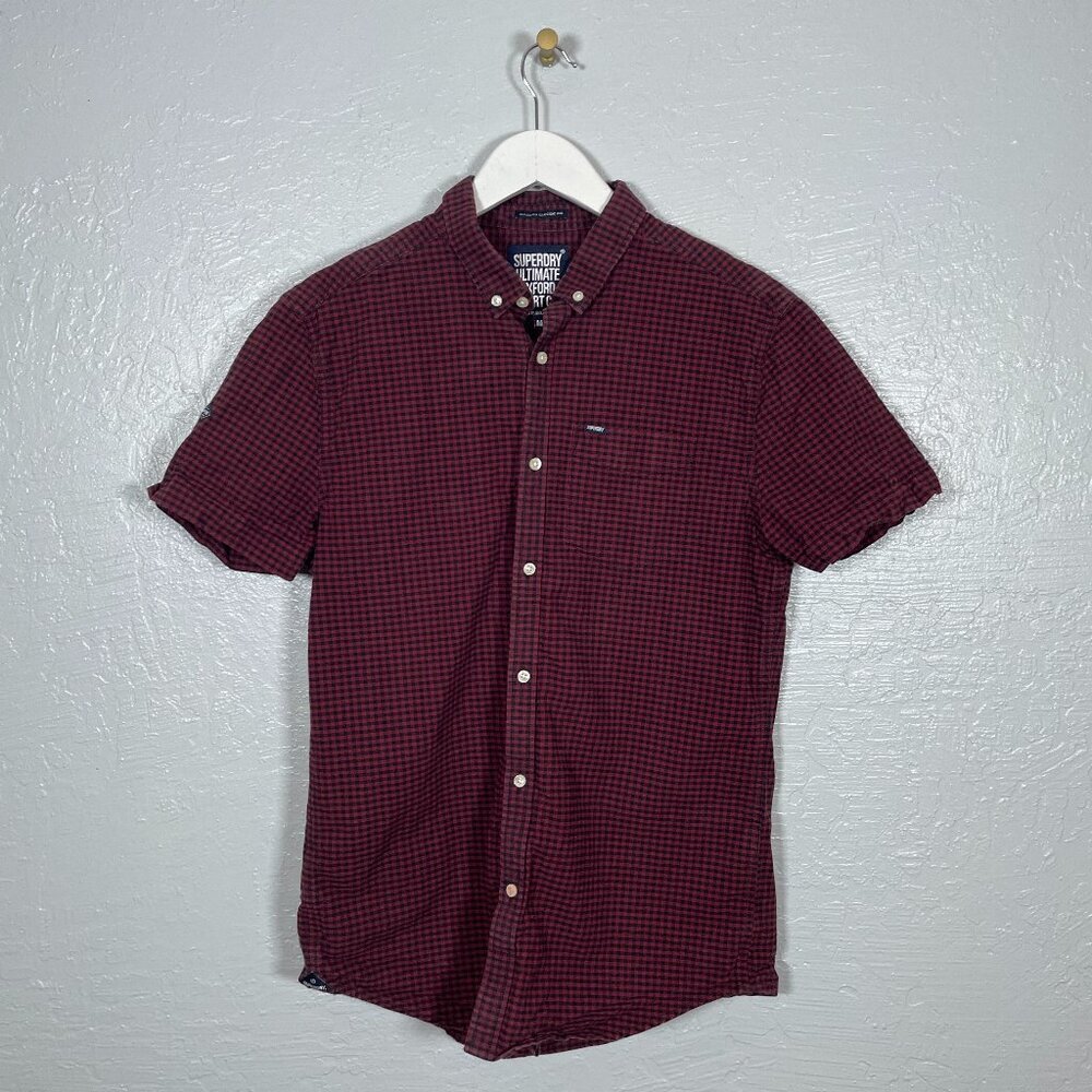 Superdry Men M Black Red Gingham Ultimate Oxford Shirt Short Sleeve Modern Fit